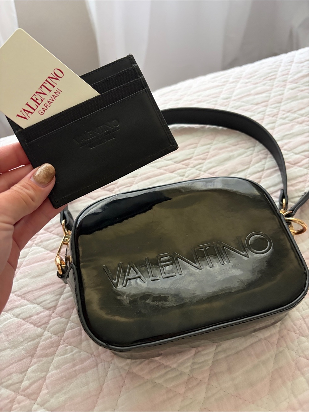 Valentino Black Patent Leather Embossed Logo Crossbody with Gold Hardware